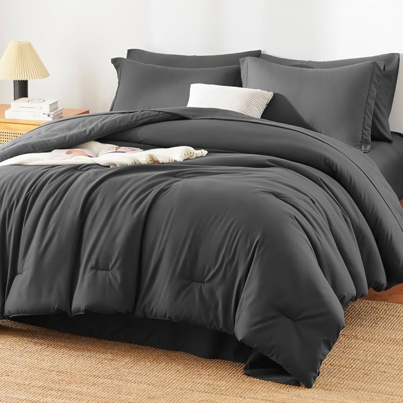 Comforter Set: Charcoal Gray Quilted Box Stitch Design, Minimalist Style