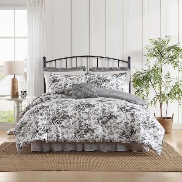 Comforter Set Charcoal Grey Floral Toile Cotton Botanical Print