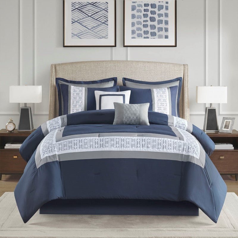 Comforter Set Color Blocking Coastal Gray Geometric Embroidery Nautical