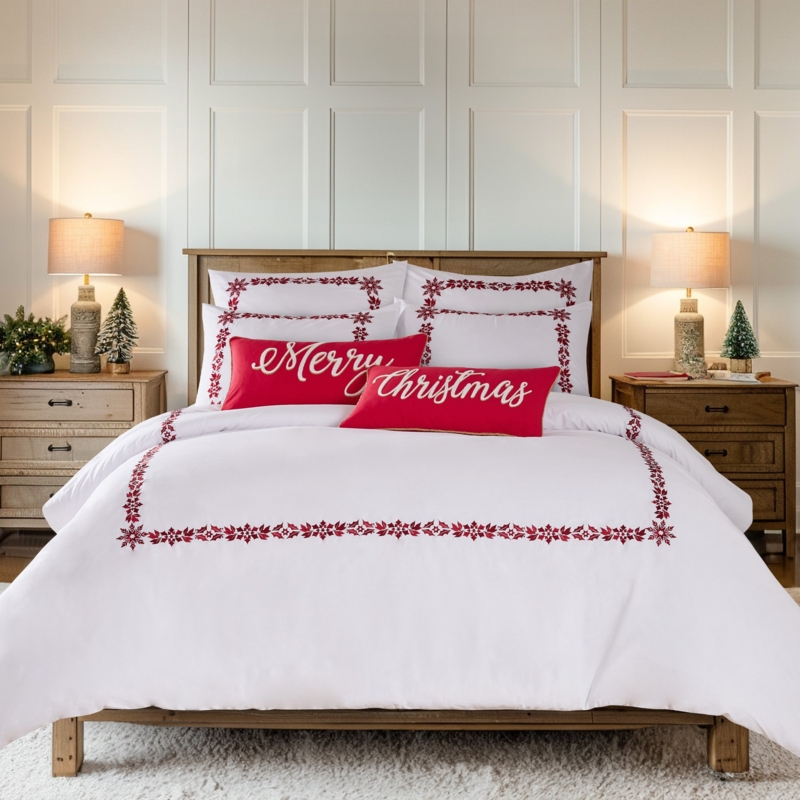 Comforter Set Cream Merry Christmas Typography Botanical Holly Print