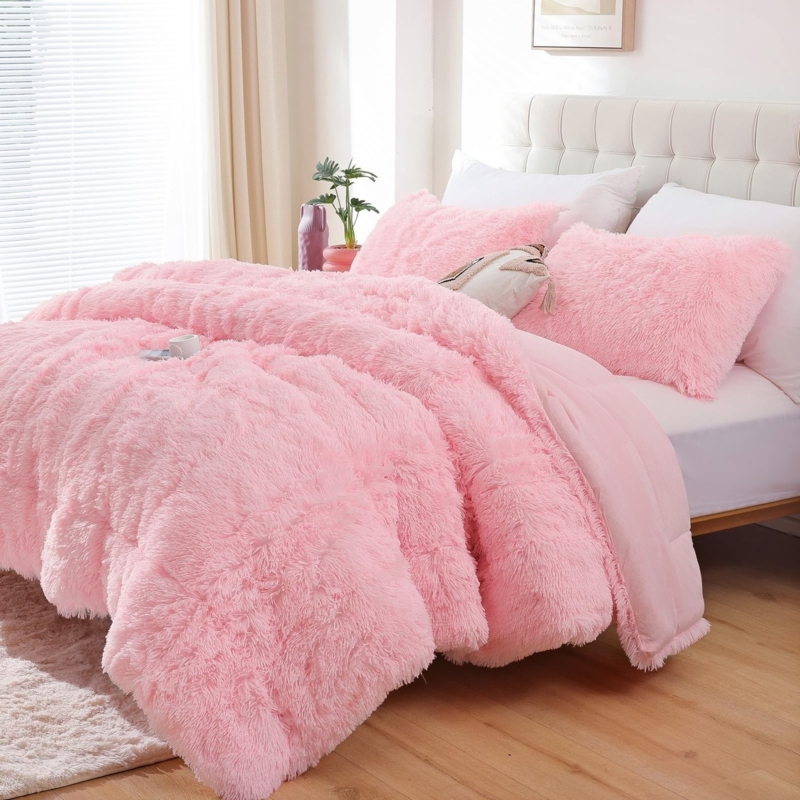 Comforter Set Dusty Pink Shaggy Faux Fur Cozy Modern Glam Bedding