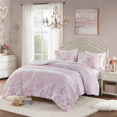 Comforter Set Floral Paisley Blush Gray, Cozy Feminine Bed Styling Ideas