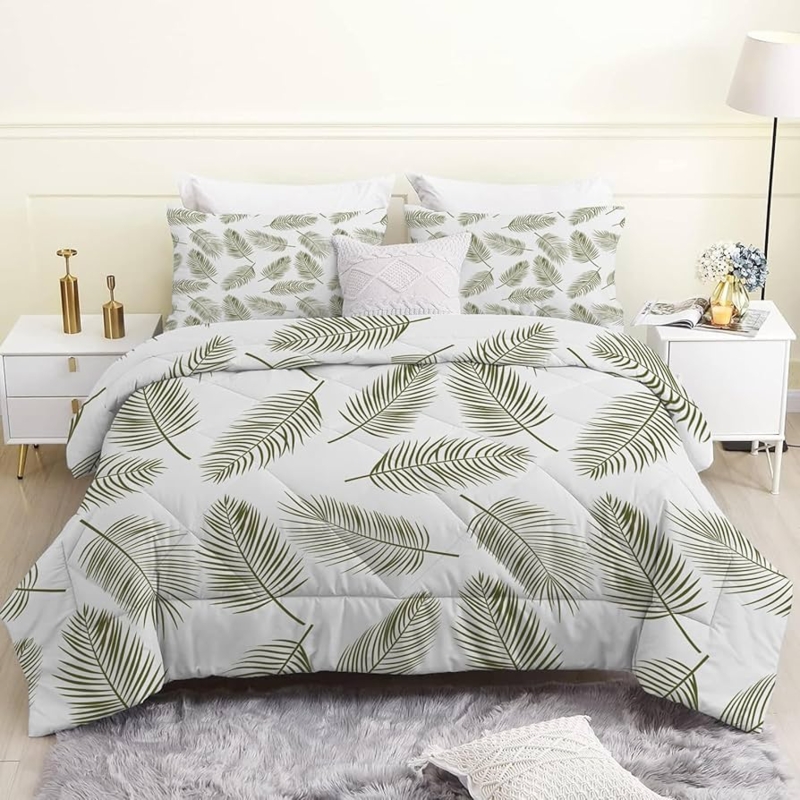 Comforter Set Gold Palm Leaf Print White Base Modern