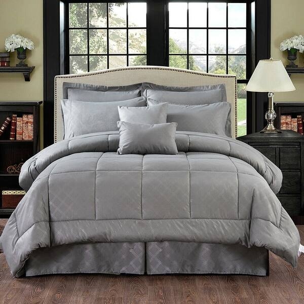 Comforter Set: Gray Embossed Plaid Pattern, Monochromatic Bedding