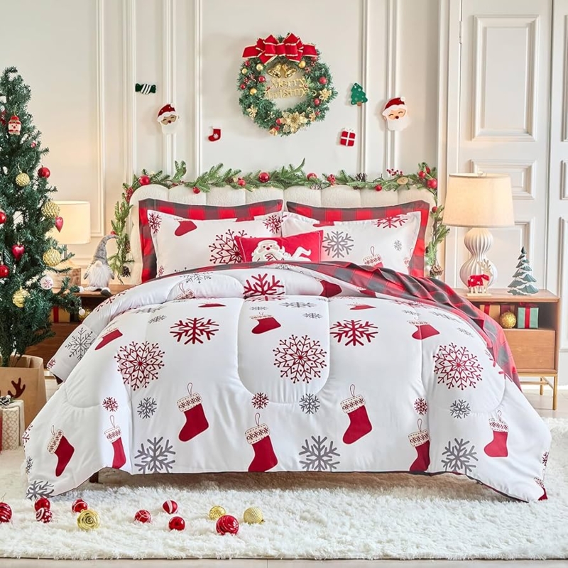 Comforter Set Gray Mixed Holiday Prints Reversible Plaid Snowflake