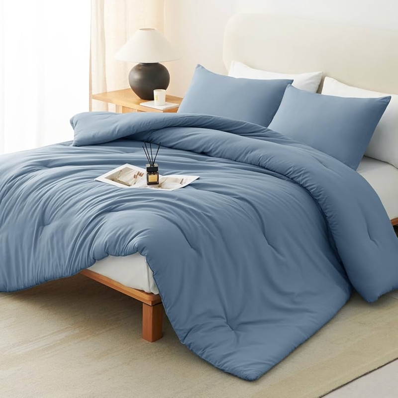 Comforter Set Grayish Blue Hue with Quilted Box Stitching