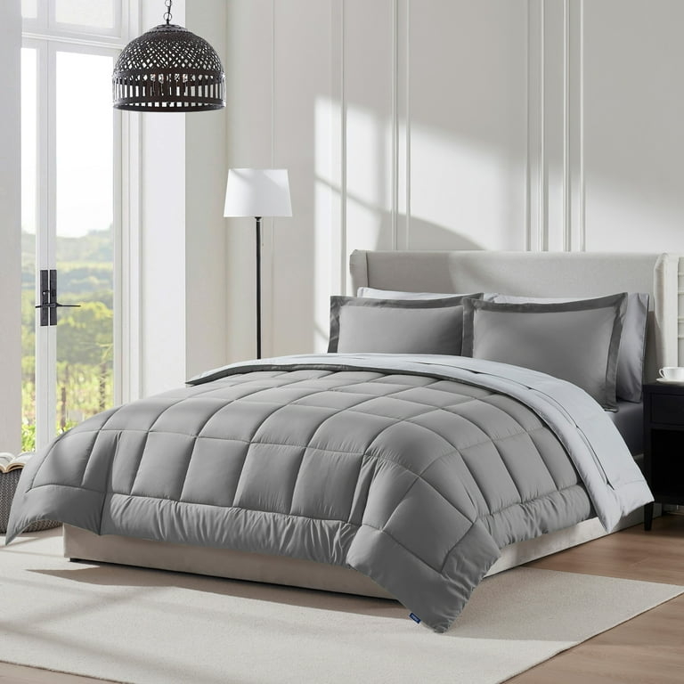 Comforter Set: Grey Baffle Box Stitching, Geometric Accent Pillows