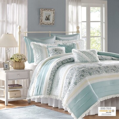 Comforter Set in Coral Paisley Print with Pleated Blue Accent Pillows
