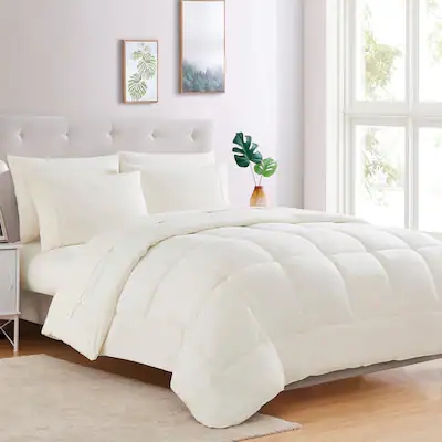 Comforter Set: Ivory Box Stitching, Reversible Quilted Design, Transitional