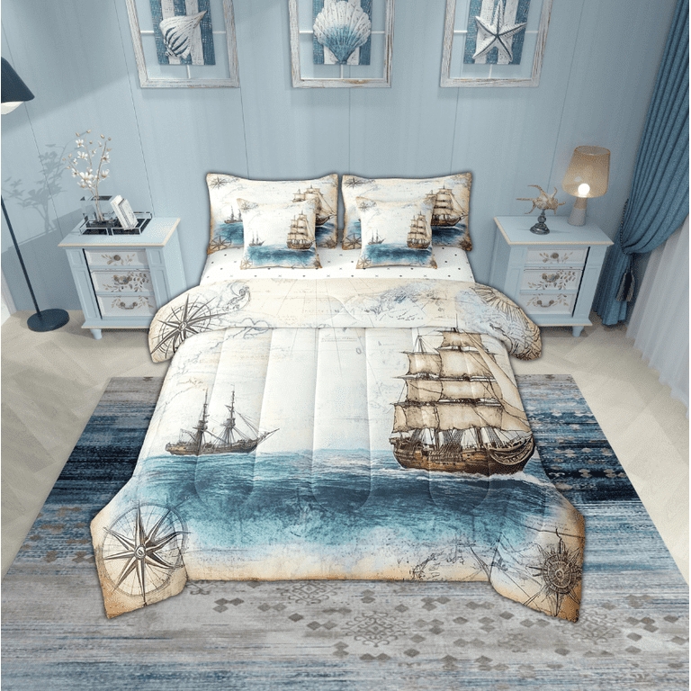 Comforter Set Large Compass Graphic Gold Accents Navy Blue Map Theme
