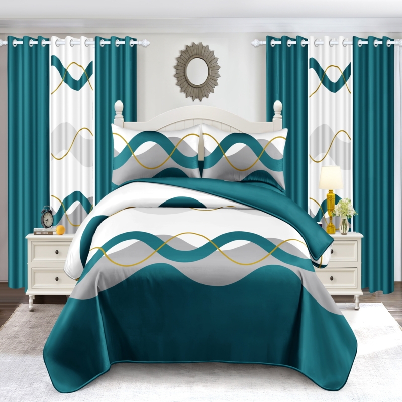 Comforter Set, Metallic Gold Wave Marble Pattern, Modern Glam, Teal