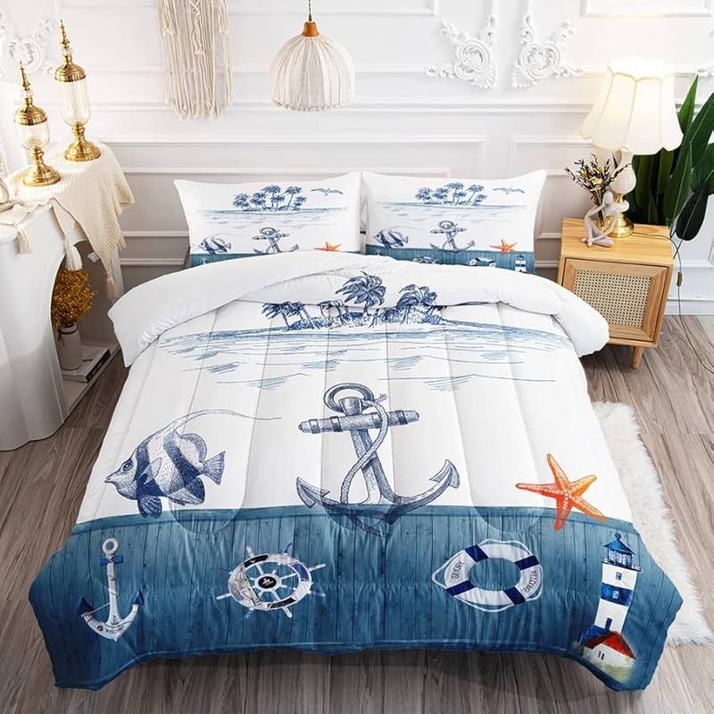 Comforter Set Nautical Sailboat Anchor Print Reversible Navy Backing