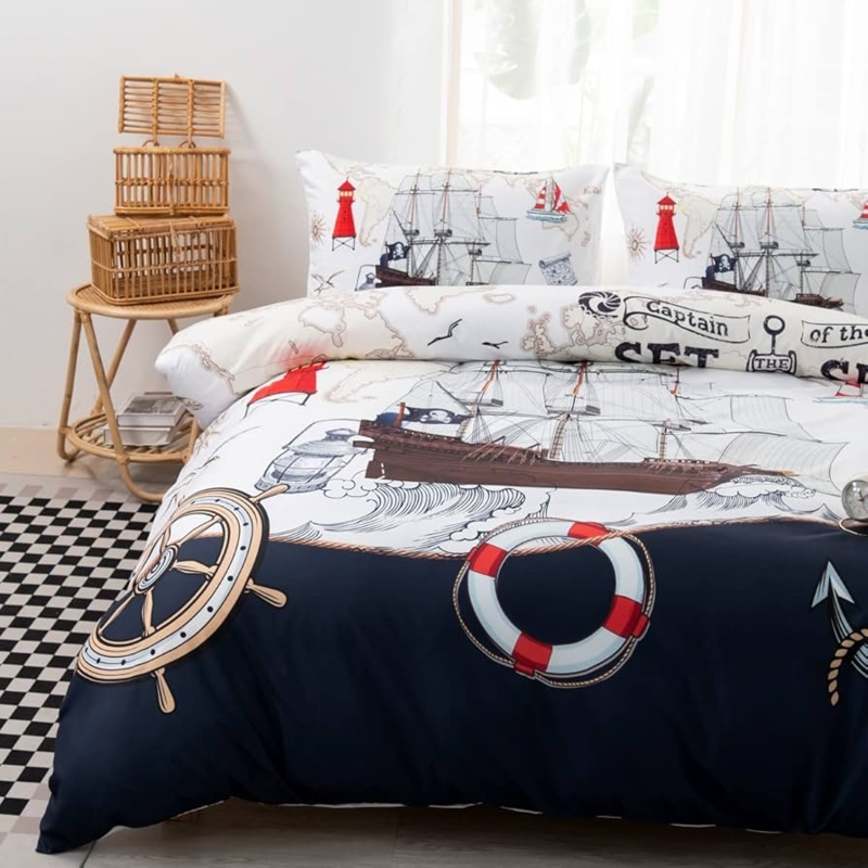 Comforter Set Nautical Theme Tri-Color Palette Maritime Iconography