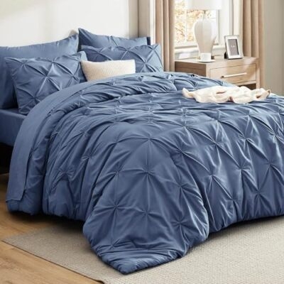 Comforter Set Navy Blue Pinch Pleat Texture Contemporary