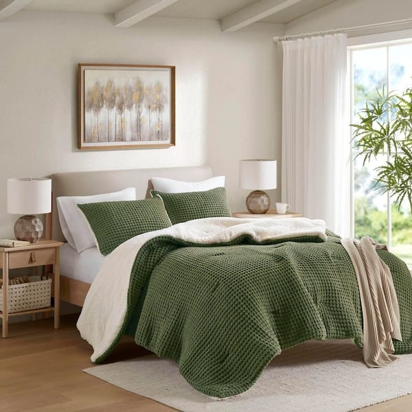 Comforter Set Olive Green Chenille Waffle Knit Transitional Style