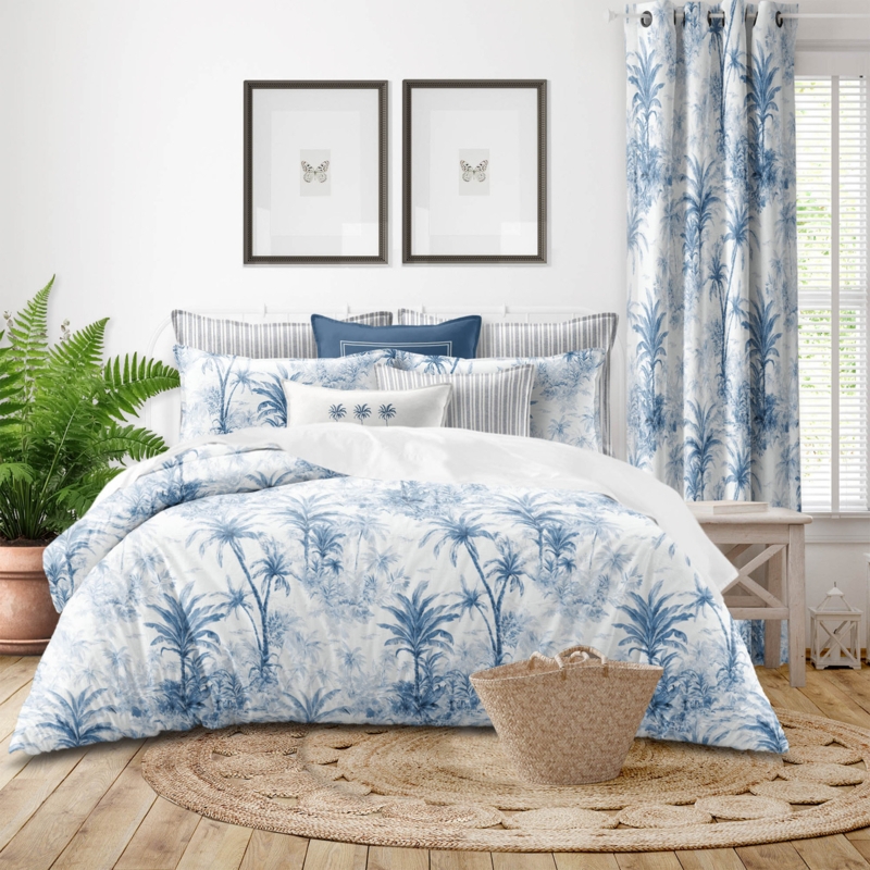 Comforter Set Palm Tree Toile in Navy Blue Coastal Bedding
