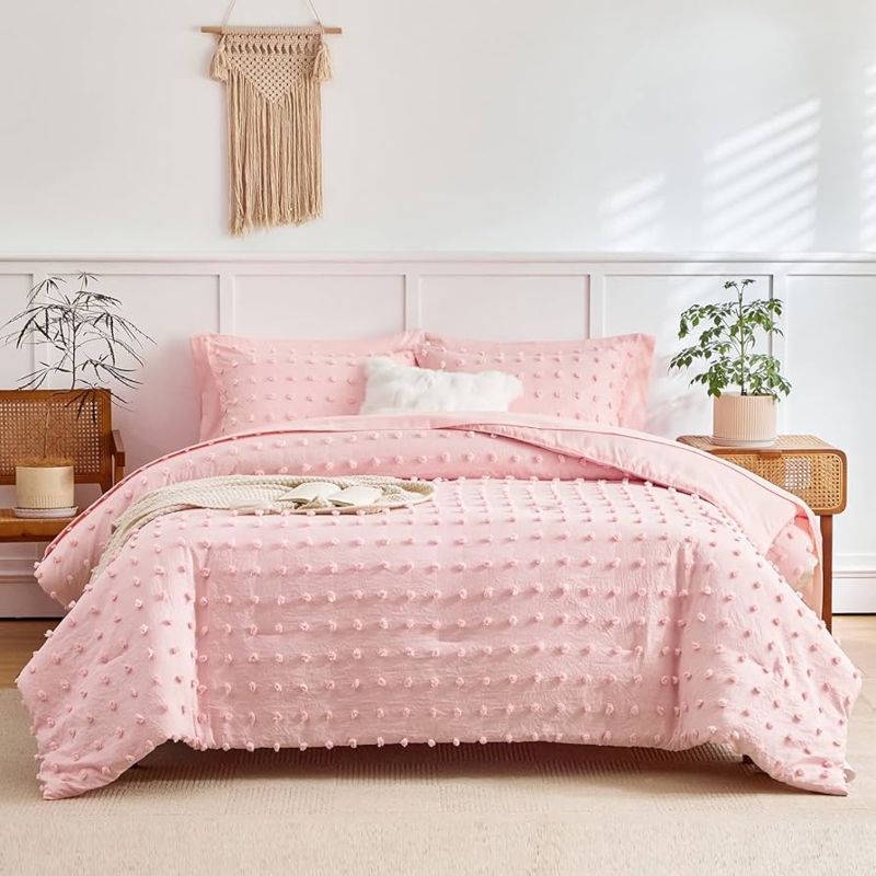 Comforter Set: Pink Tufted Dots with Pom Pom Fringe Boho Bedding