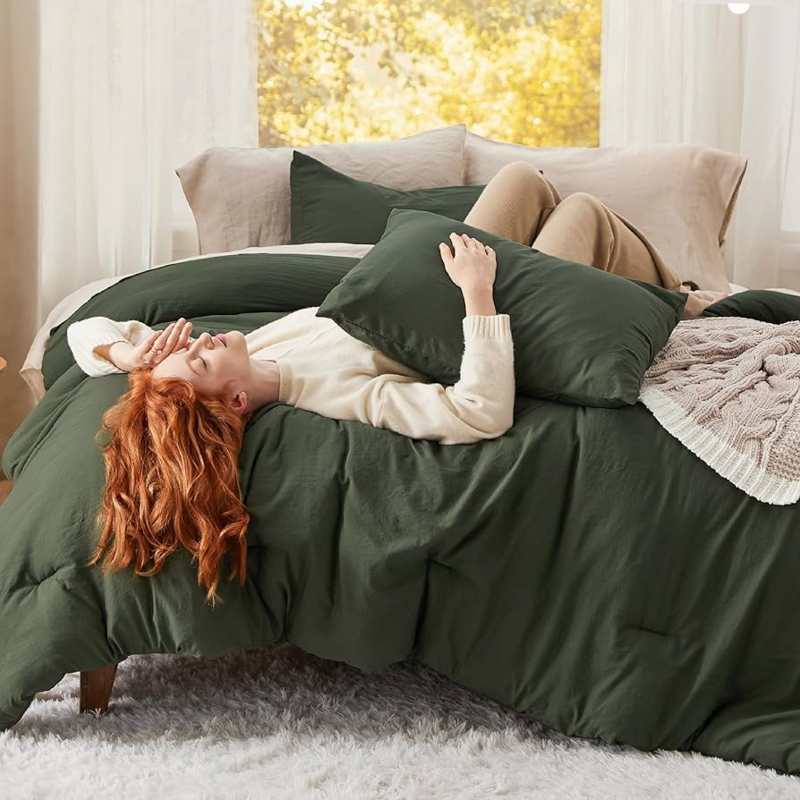 Comforter Set Prewashed Crinkle Texture Dark Forest Green Moody Decor