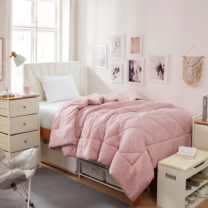 Comforter Set Reversible Box Stitch, Soft Dusty Rose Guest Room Set