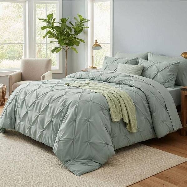 Comforter Set: Sage Green Pinch Pleat Diamond Pattern, Textured Bedding