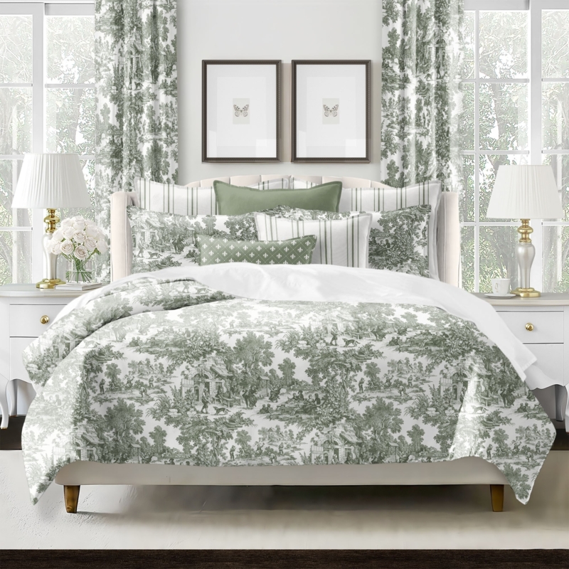 Comforter Set Sage Green Toile Pastoral Print 8 Piece Set Serene
