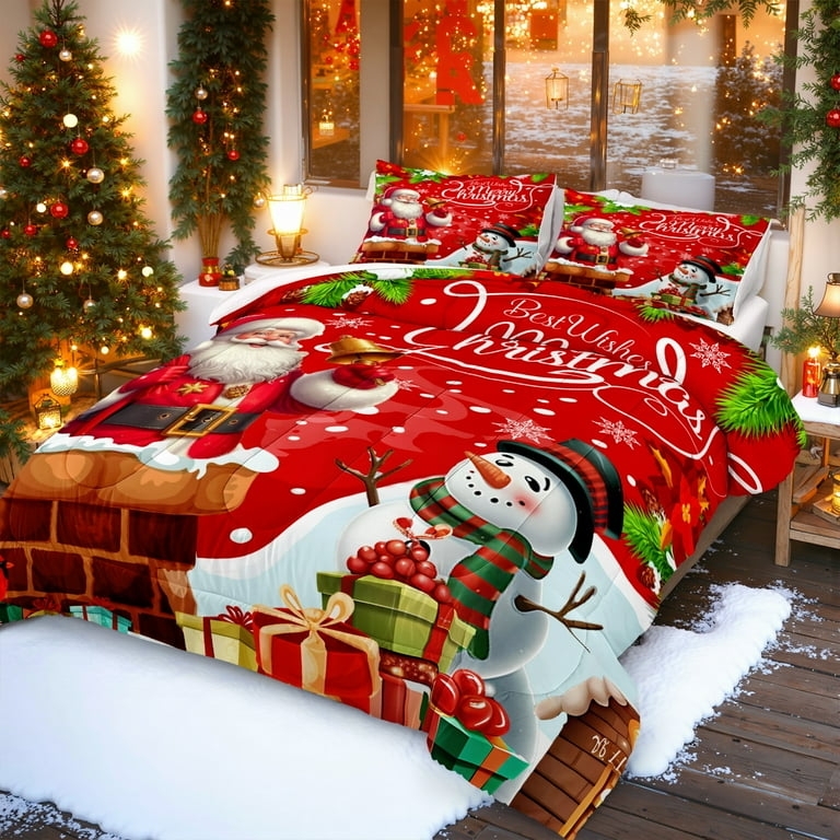 Comforter Set Santa Claus Pattern Snowflake Graphic Print Festive