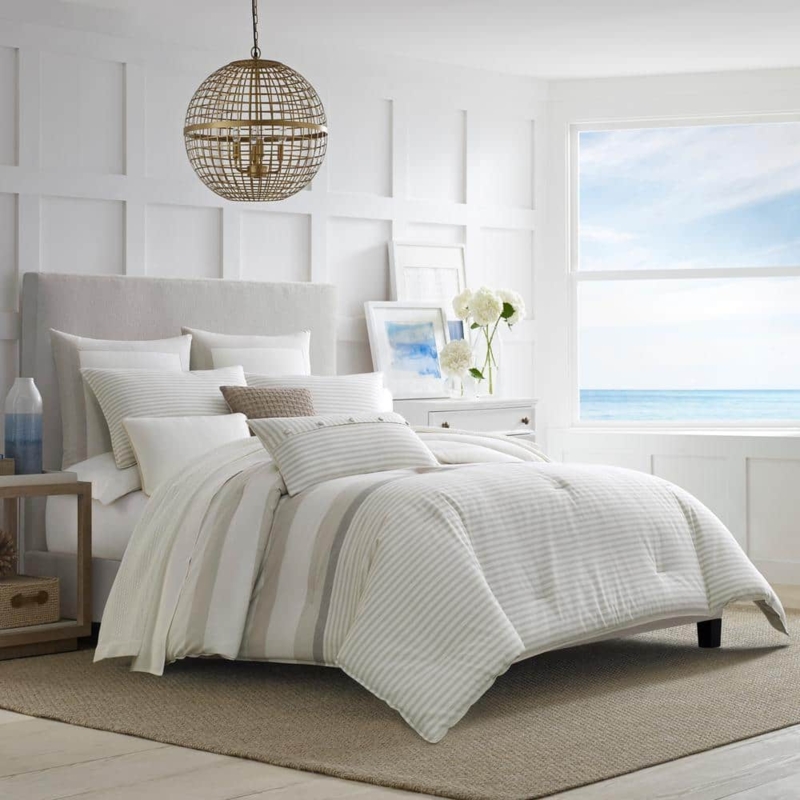 Comforter Set Stripes Coastal Nautical Woven Texture Beige White