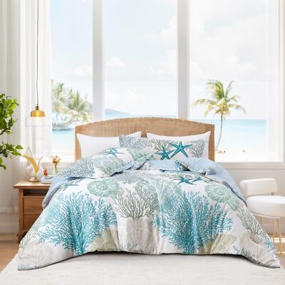 Comforter Set Teal Beach Themed with Teal Starfish Motif