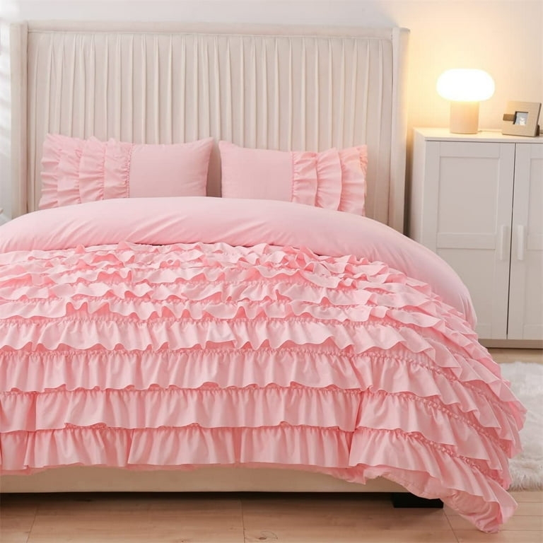 Comforter Set Tiered Ruffle Edges Pink, Pink Ruffled Comforter Set
