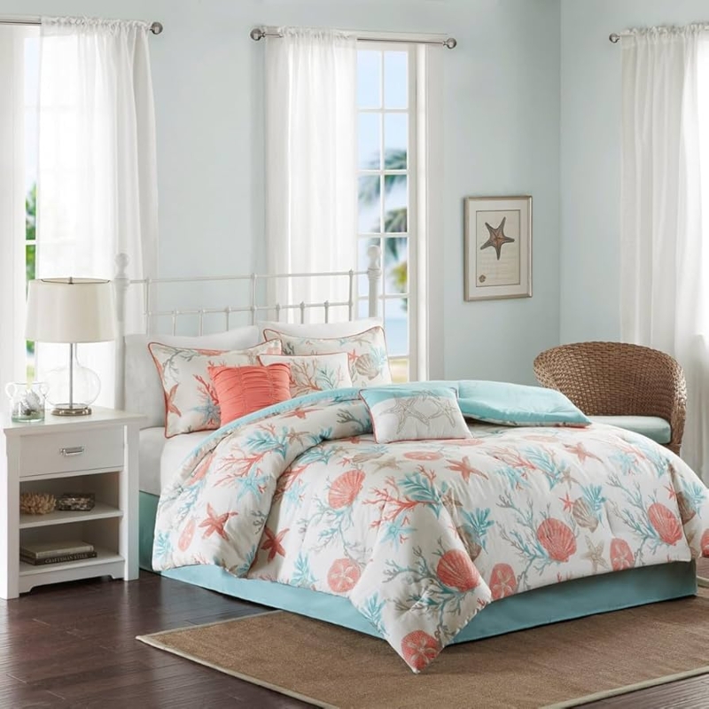Comforter Set Tropical Coral Teal Palette Seashell Starfish Motif Airy