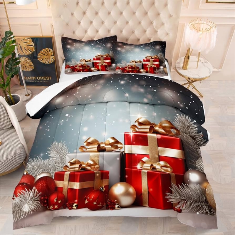 Comforter Set: Whimsical Gift Box Print with Bold Red Reverse
