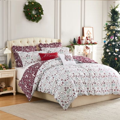 Comforter Set White Reversible Cardinal Print Tree Motif Traditional