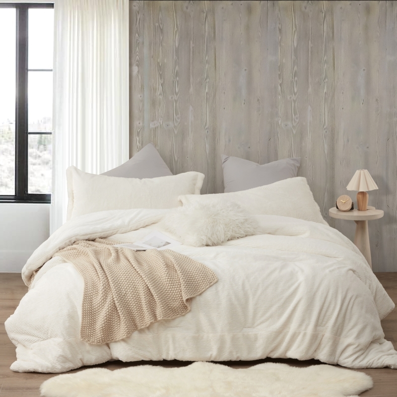 Comforter Set Wide Ribbed Texture Ivory Plush Pile Oversized Fit
