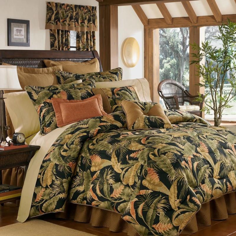 Comforter Set with Black Tropical Print and Gold Accents