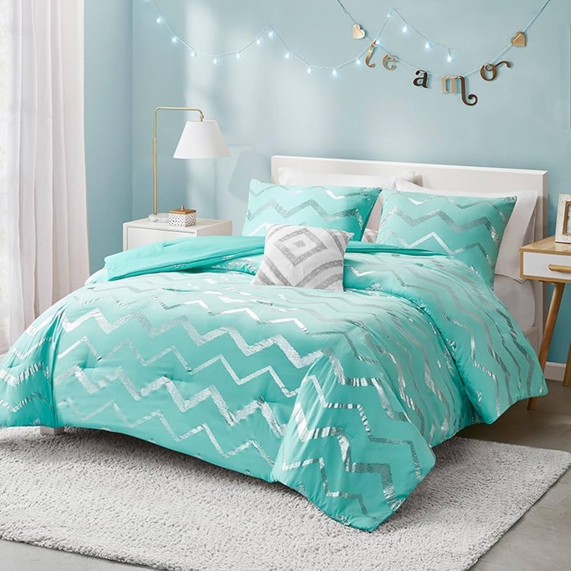 Comforter Set with Metallic Geometric Foil Print, Glam Style, Teal