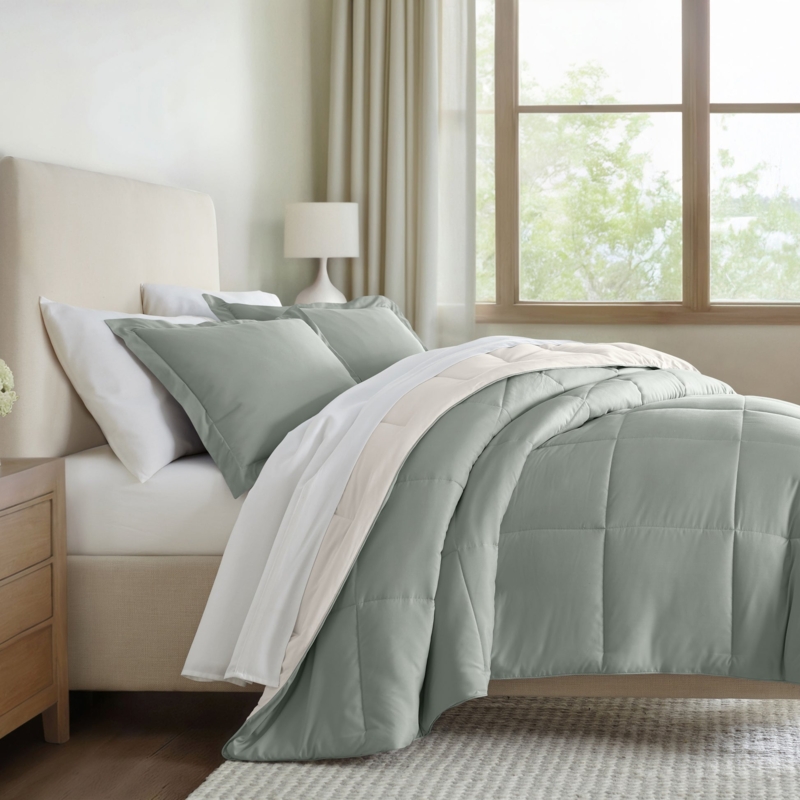 Comforter Set with Reversible Eucalyptus Green and Box Stitch Quilting