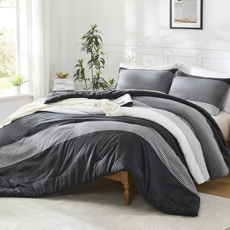 Comforter Set with Wide Black and White Stripes and Pinched-Pleat Texture