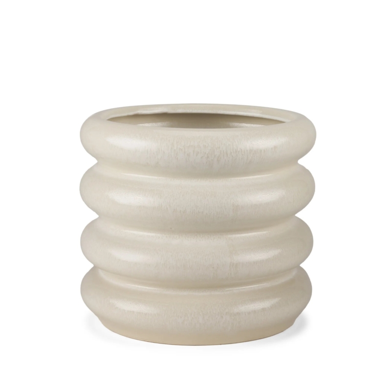 Contemporary Cream Ceramic Vase with Glossy Tiered Ribbed Design