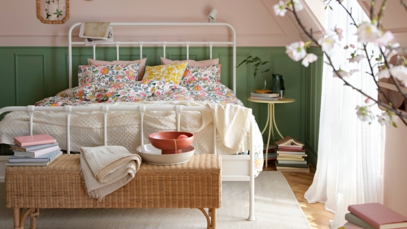 Cottagecore Metal Bed with Floral Bedding and Wicker Storage Bench