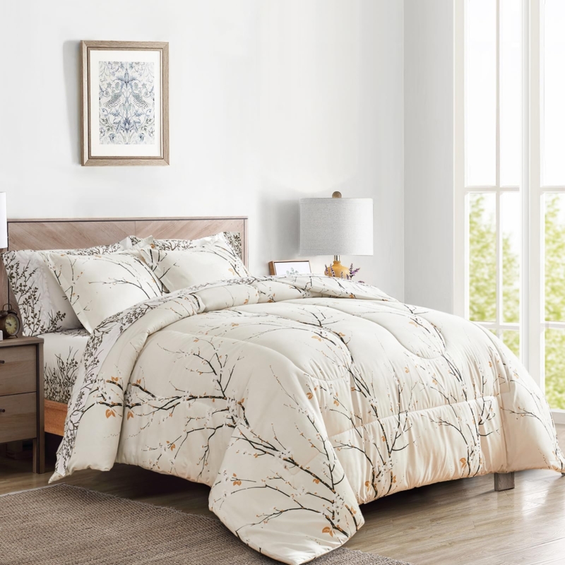 Cream Botanical Bedding Set Reversible Branch Pattern