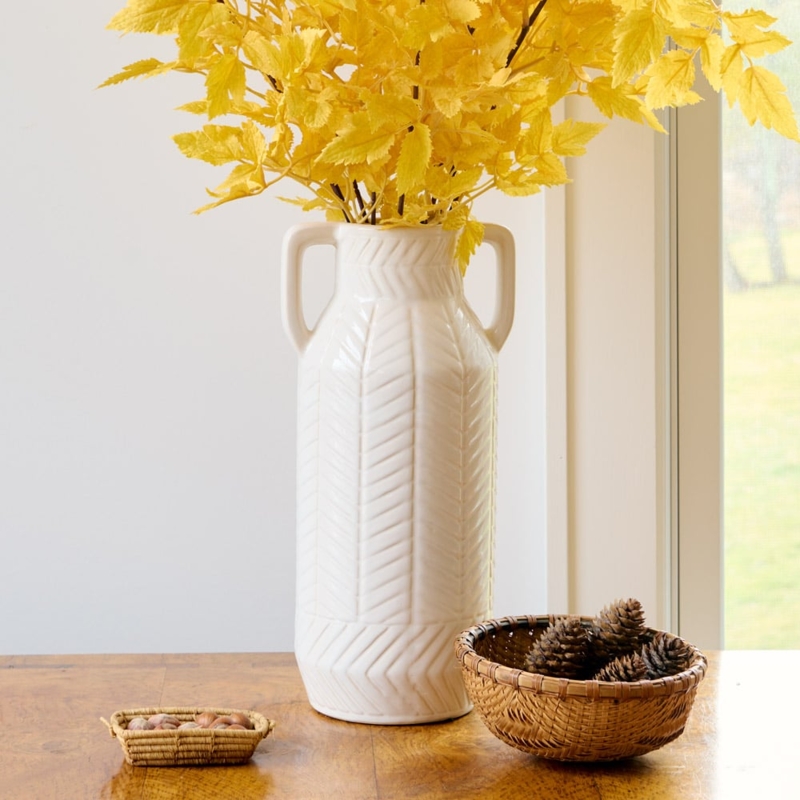 Cream Ceramic Vase: Side Handles, Embossed Chevron. Farmhouse styling.