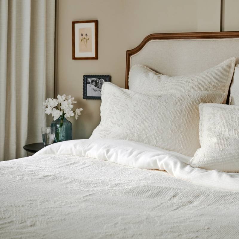 Cream Chenille Duvet Cover, Tufted Geometric Lines and Dots