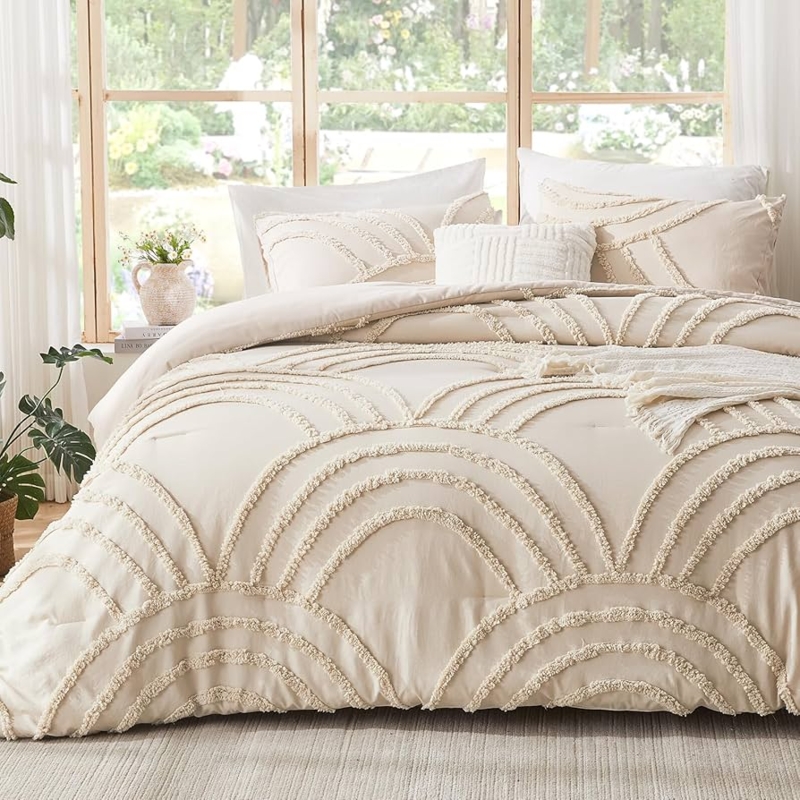 Cream Comforter Set with Fluffy Tufted Arch Pattern for Boho Chic Decor