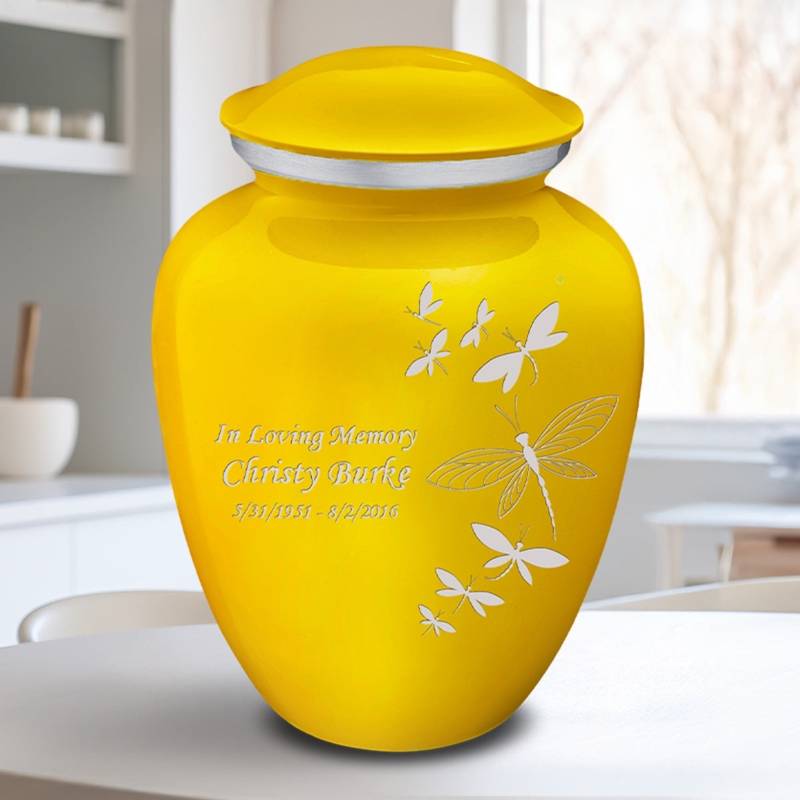Cremation Urn Dragonfly Memorial Decor, Silver Trim, Glossy Finish