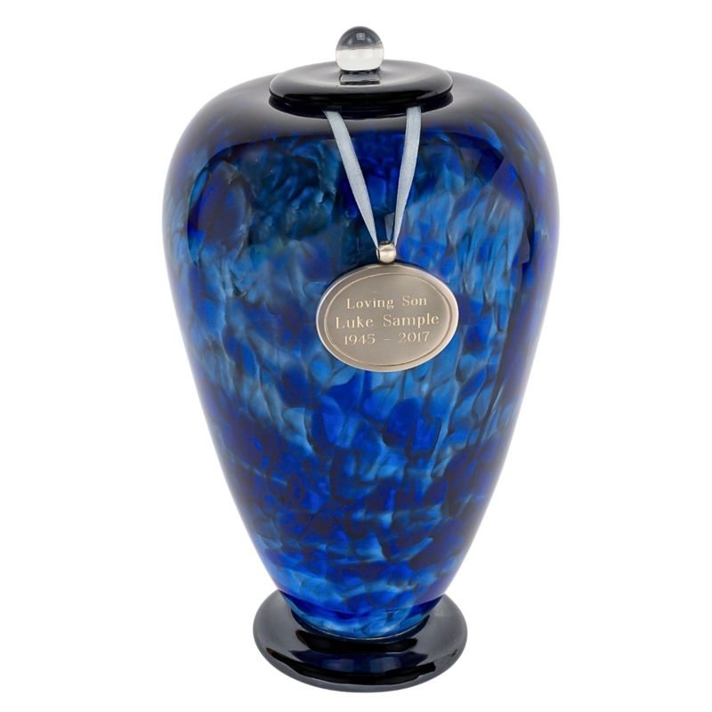 Cremation Urn Engraved Pendant, Blue Swirl Pattern Hand Blown Glass