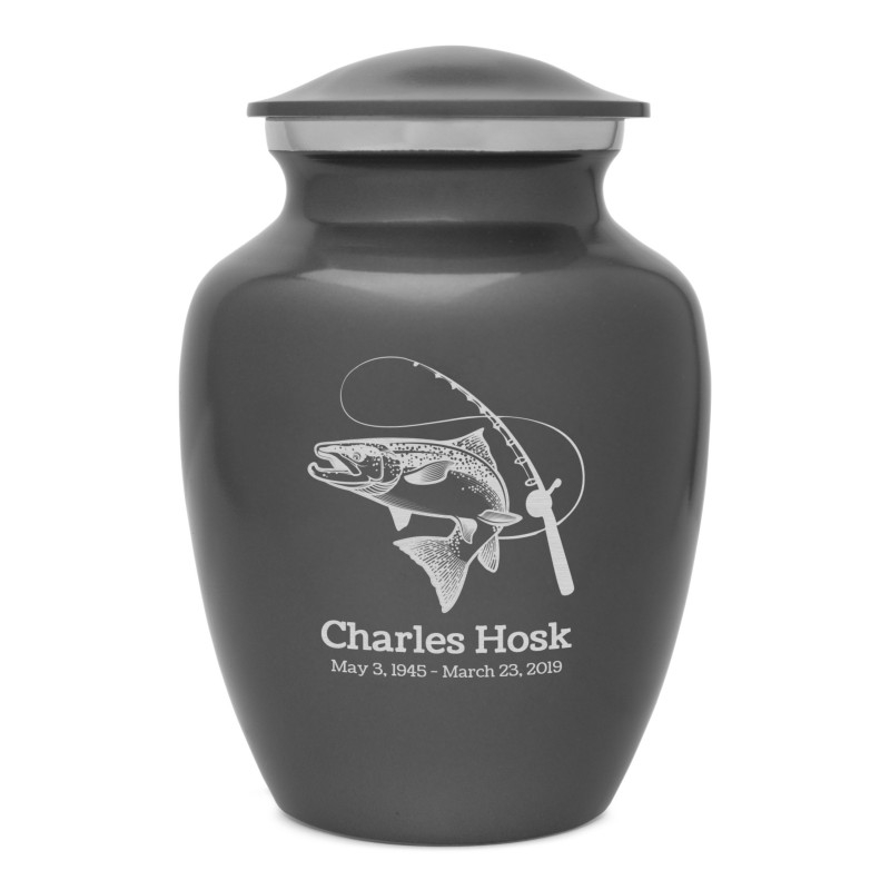 Cremation Urn: Gunmetal Gray Salmon Fishing Engraving
