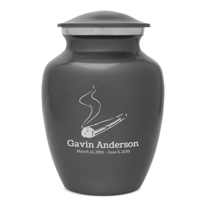 Cremation Urn: Gunmetal Gray with Marijuana Joint Engraving