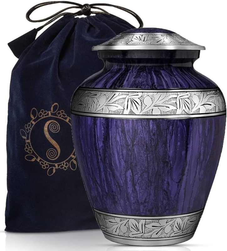 Cremation Urn, Handcrafted Marbled Purple, Silver Floral Engraving