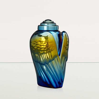 Cremation Urn Iridescent Blue Vessel, Winged Design, Sculptural Texture