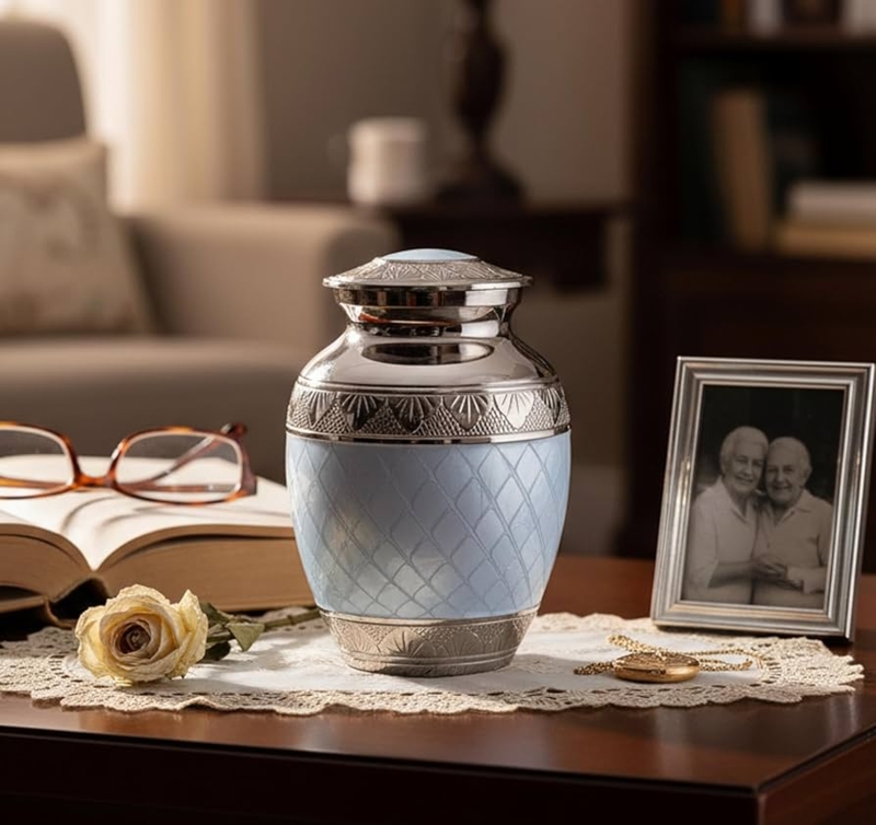 Cremation Urn Light Blue Enamel Silver Engraved Quilted Midsection